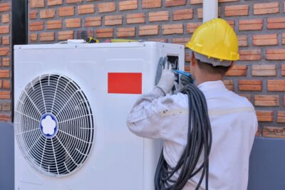 ShutterStock royalty-free image #1734979868, 'A young Asian air conditioner technician or air-conditioning installation technician is about to repair air conditioning in homes and buildings.Air conditioner repairmen work on home unit. ' uploaded by user #233987357, retrieved from ShutterStock on April 29th, 2022. License details available at https://www.shutterstock.com/license, image licensed under the ShutterStock Standard Image License