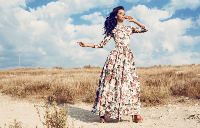 Adobe Stock royalty-free image #70864530, 'woman in luxurious floral dress posing in summer field' uploaded by Slava_Vladzimirska