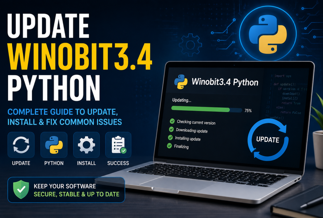 Update Winobit3.4 Python guide featured image showing a laptop with Python programming elements, software update interface, and technology icons.