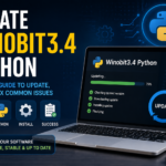 Update Winobit3.4 Python guide featured image showing a laptop with Python programming elements, software update interface, and technology icons.
