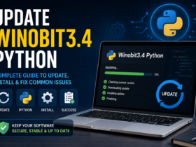 Update Winobit3.4 Python guide featured image showing a laptop with Python programming elements, software update interface, and technology icons.