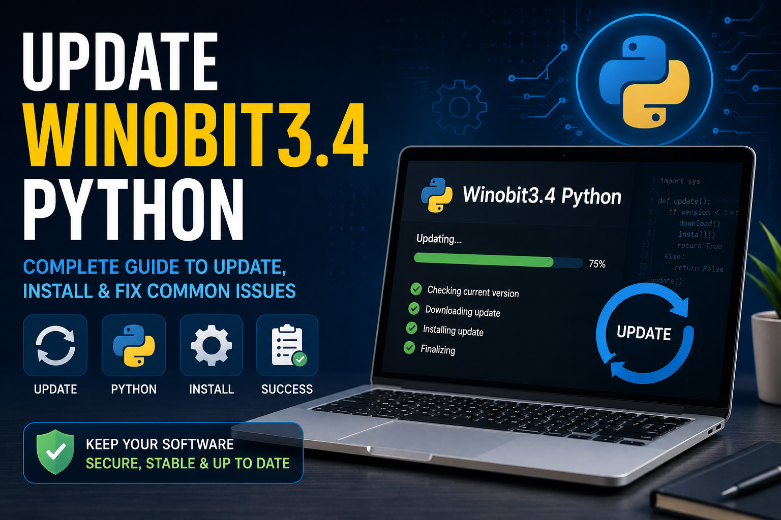 Update Winobit3.4 Python guide featured image showing a laptop with Python programming elements, software update interface, and technology icons.