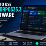How To Use Immorpos35.3 Software featured image showing a laptop with a modern software dashboard, setup interface, productivity charts, and the title "How To Use Immorpos35.3 Software" for a beginner's guide.