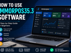 How To Use Immorpos35.3 Software featured image showing a laptop with a modern software dashboard, setup interface, productivity charts, and the title "How To Use Immorpos35.3 Software" for a beginner's guide.