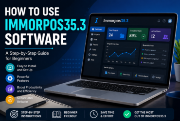 How To Use Immorpos35.3 Software featured image showing a laptop with a modern software dashboard, setup interface, productivity charts, and the title "How To Use Immorpos35.3 Software" for a beginner's guide.