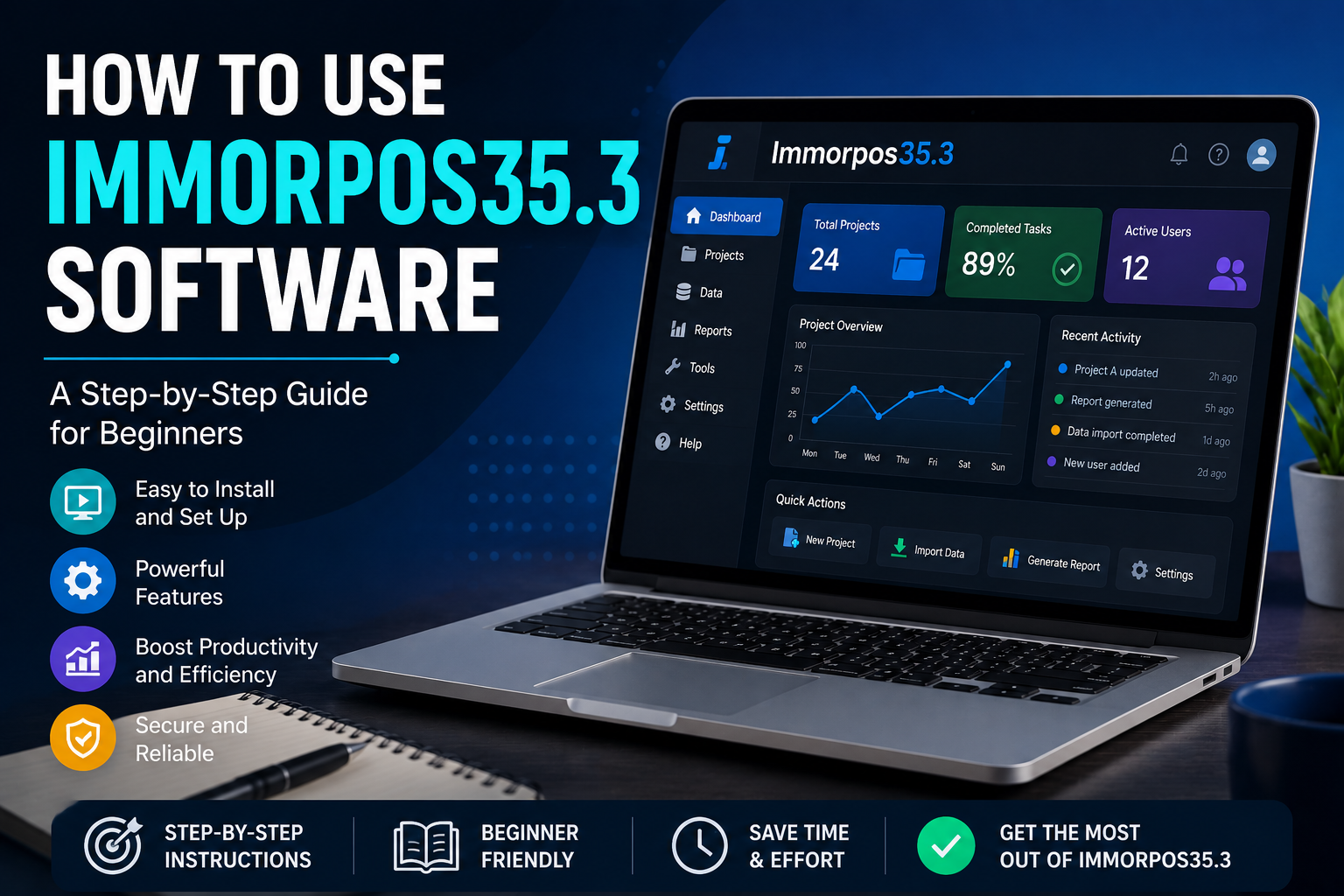 How To Use Immorpos35.3 Software featured image showing a laptop with a modern software dashboard, setup interface, productivity charts, and the title "How To Use Immorpos35.3 Software" for a beginner's guide.