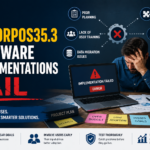 Why Immorpos35.3 Software Implementations Fail featured image showing a frustrated professional facing a software implementation error, surrounded by project planning documents, workflow icons, and common implementation challenges such as poor planning, data migration issues, user training, and system integration.