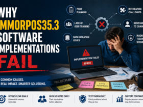Why Immorpos35.3 Software Implementations Fail featured image showing a frustrated professional facing a software implementation error, surrounded by project planning documents, workflow icons, and common implementation challenges such as poor planning, data migration issues, user training, and system integration.