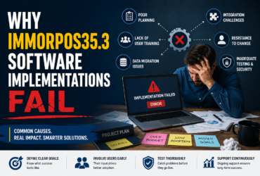 Why Immorpos35.3 Software Implementations Fail featured image showing a frustrated professional facing a software implementation error, surrounded by project planning documents, workflow icons, and common implementation challenges such as poor planning, data migration issues, user training, and system integration.
