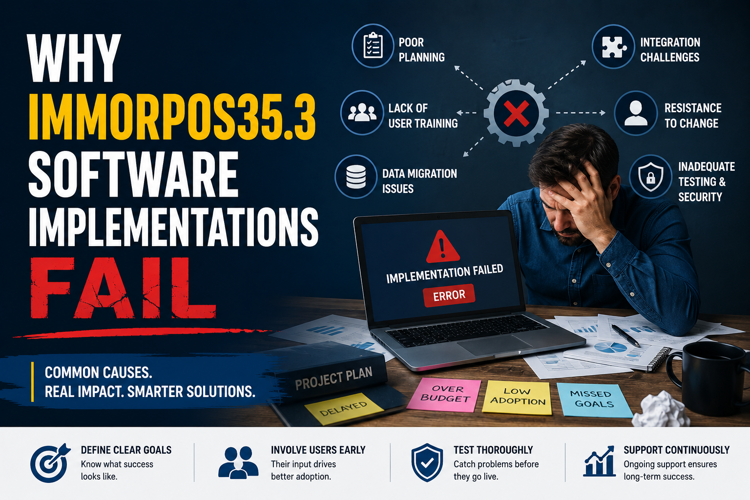 Why Immorpos35.3 Software Implementations Fail featured image showing a frustrated professional facing a software implementation error, surrounded by project planning documents, workflow icons, and common implementation challenges such as poor planning, data migration issues, user training, and system integration.