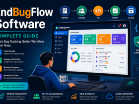 EndBugFlow Software featured image showing a modern bug tracking dashboard on a computer monitor with workflow arrows, bug icons, code elements, analytics charts, and the title "EndBugFlow Software – Complete Guide."