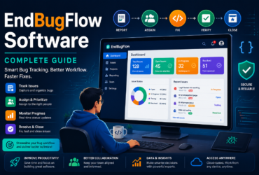 EndBugFlow Software featured image showing a modern bug tracking dashboard on a computer monitor with workflow arrows, bug icons, code elements, analytics charts, and the title "EndBugFlow Software – Complete Guide."