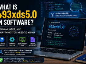 Featured image for "What Is 493xds5.0 in Software?" showing a laptop with software code, version identifier 493xds5.0, technology icons, and a modern blue-themed interface.