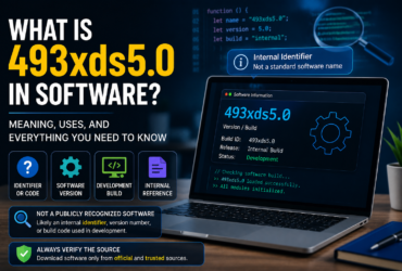 Featured image for "What Is 493xds5.0 in Software?" showing a laptop with software code, version identifier 493xds5.0, technology icons, and a modern blue-themed interface.