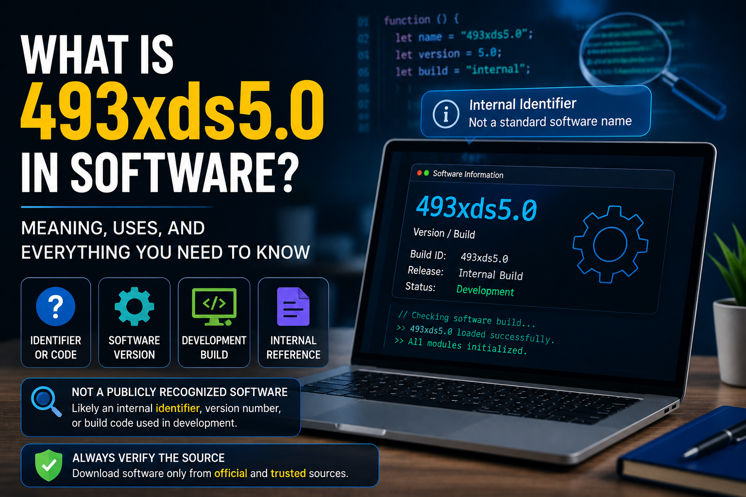Featured image for "What Is 493xds5.0 in Software?" showing a laptop with software code, version identifier 493xds5.0, technology icons, and a modern blue-themed interface.