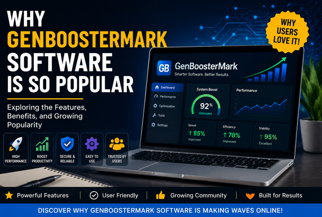 Why GenBoosterMark Software Is So Popular featured image showing a modern software dashboard on a laptop with performance charts, technology icons, and the title "Why GenBoosterMark Software Is So Popular."