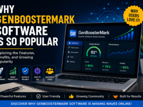 Why GenBoosterMark Software Is So Popular featured image showing a modern software dashboard on a laptop with performance charts, technology icons, and the title "Why GenBoosterMark Software Is So Popular."