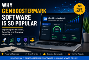 Why GenBoosterMark Software Is So Popular featured image showing a modern software dashboard on a laptop with performance charts, technology icons, and the title "Why GenBoosterMark Software Is So Popular."