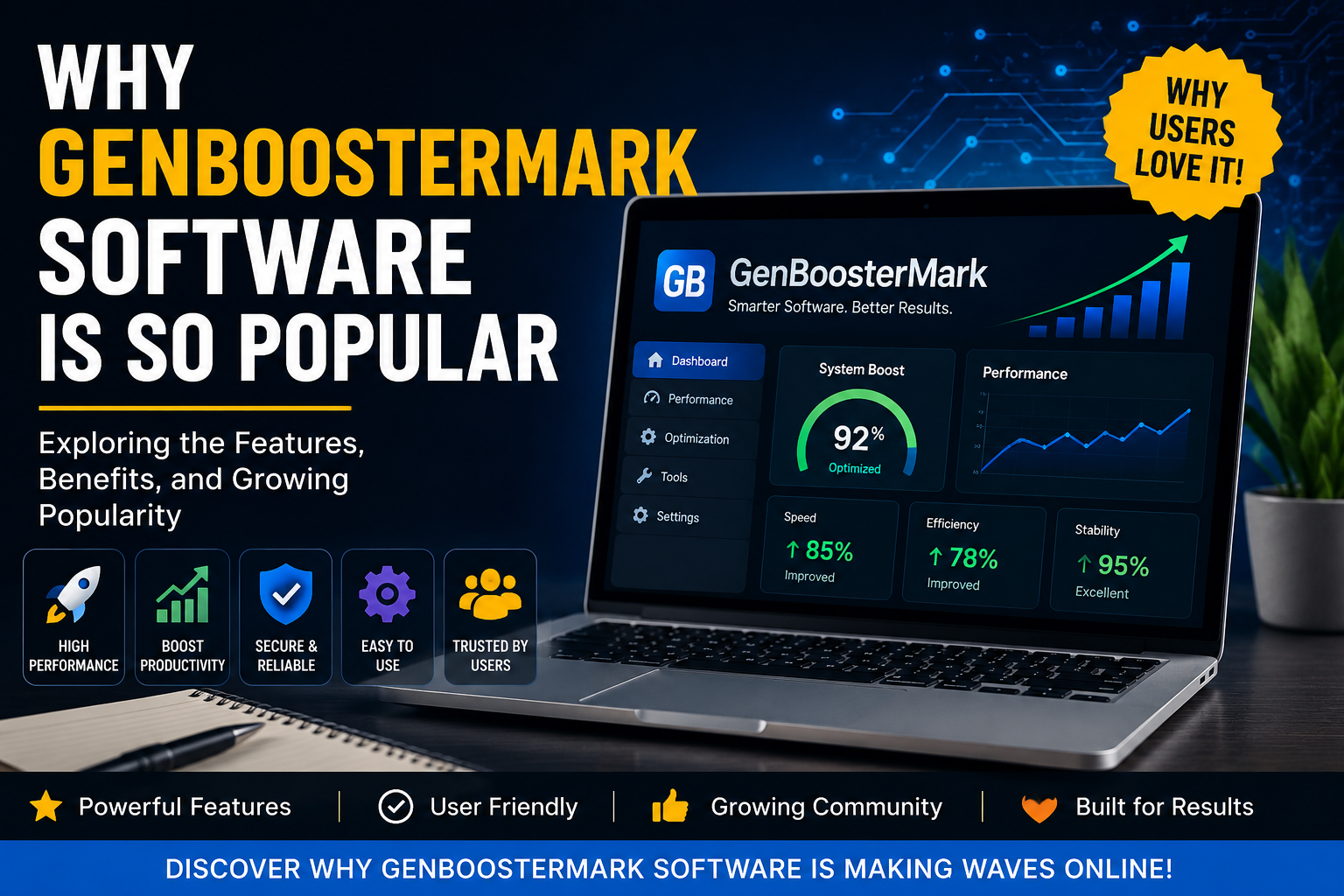 Why GenBoosterMark Software Is So Popular featured image showing a modern software dashboard on a laptop with performance charts, technology icons, and the title "Why GenBoosterMark Software Is So Popular."